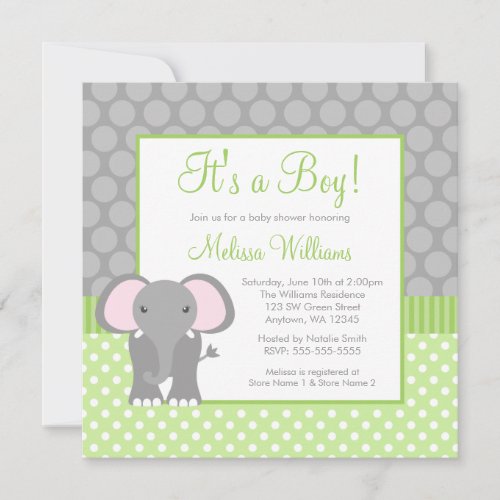 Green Gray Elephant Polka Dot Boy Baby Shower Custom Invite