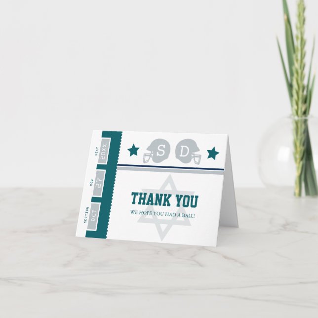 Green Gray Football Ticket Bar Mitzvah Thank You (Front)