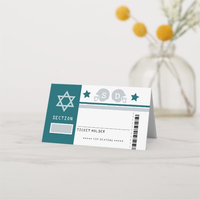 Green Gray Football Ticket Bat Mitzvah Seating Place Card (Front)