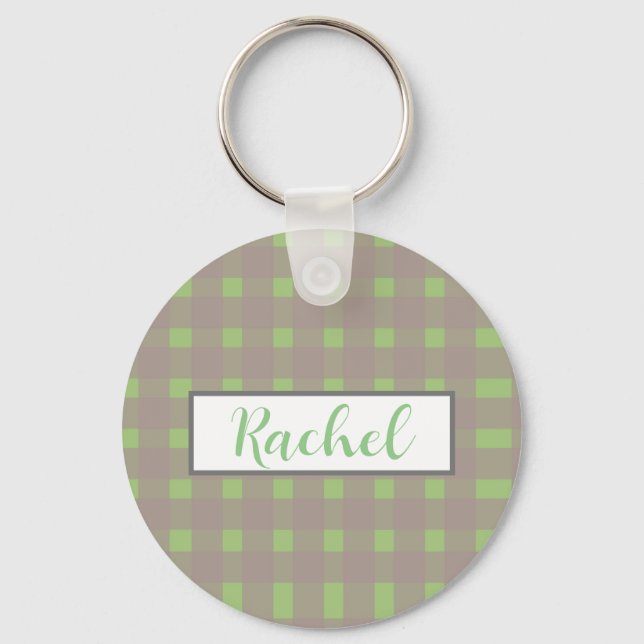 Green Gray Gingham Personalized Keychain (Front)