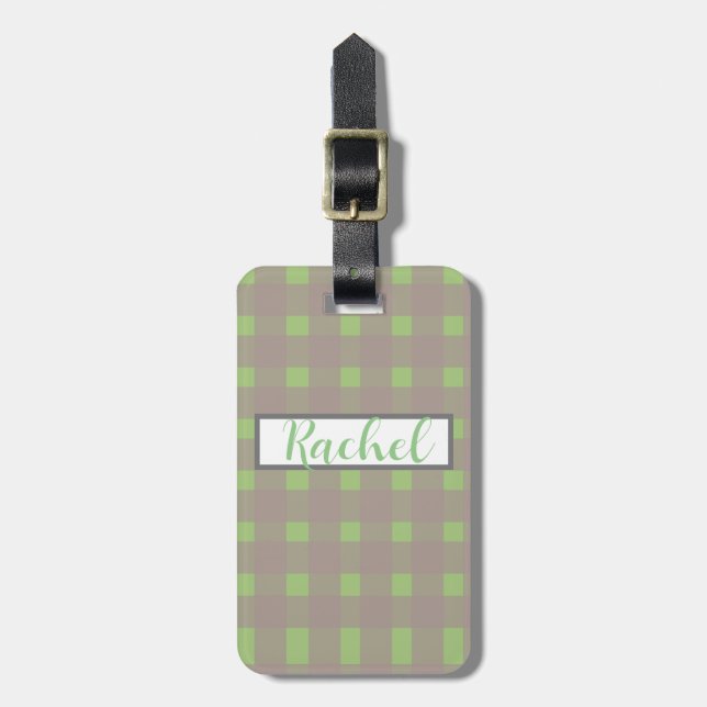 Green Gray Gingham Personalized  Luggage Tag (Front Vertical)