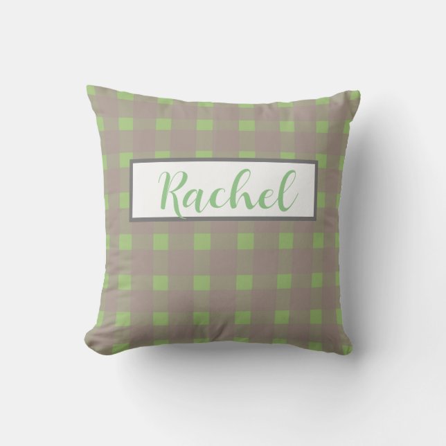 Green Gray Gingham Personalized  Throw Pillow (Front)