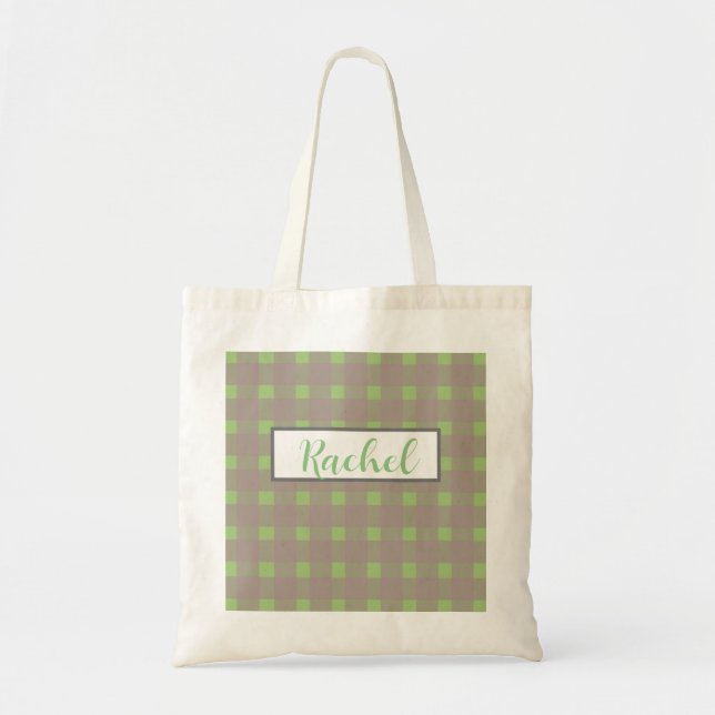 Green Gray Gingham Personalized  Tote Bag (Front)