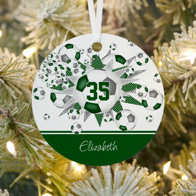 Green gray girls personalized soccer balls stars  metal ornament (Insitu)