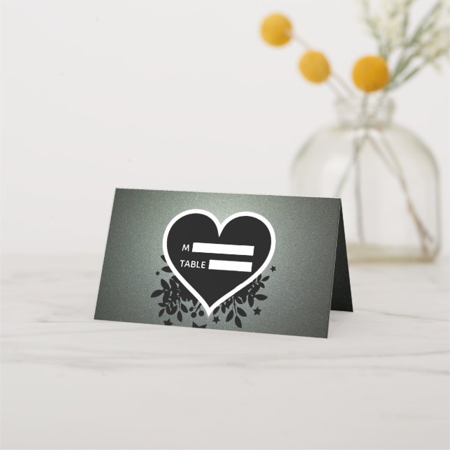Green Gray Glitter And Heart Place Card (Front)