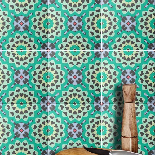 Green  Gray Hearts Ethnic Boho Geometric Pattern Ceramic Tile