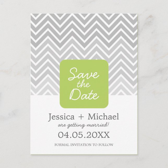 Green Gray Ombre Chevron Wedding Save The Date Ann Announcement Postcard (Front)