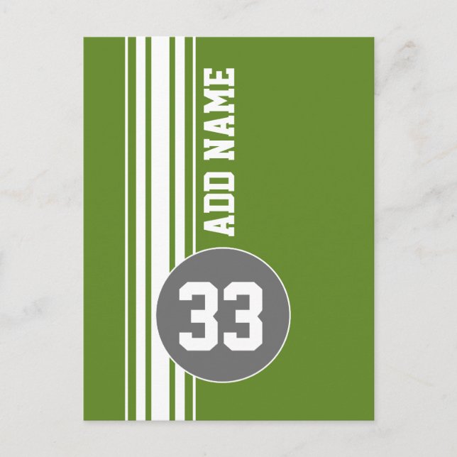 Green Gray Racing Stripes Custom Name Number Postcard (Front)