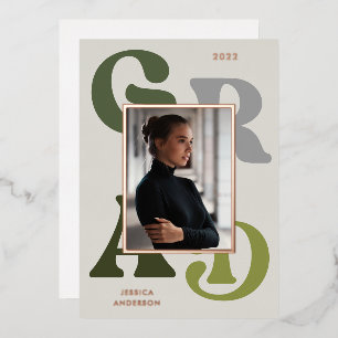 Green Gray Retro Typography Photo 2023 Graduation Foil Invitation
