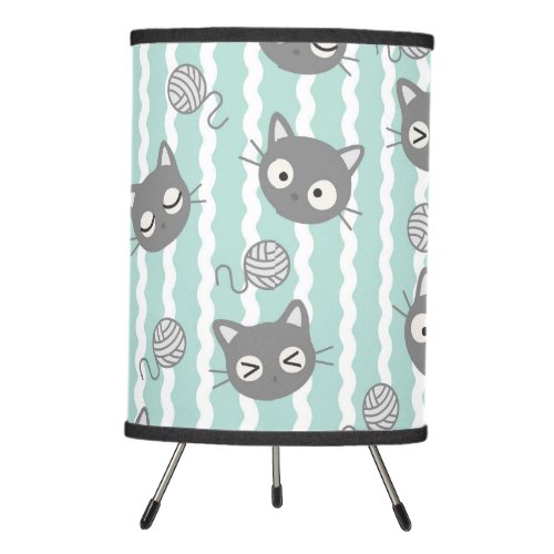 Green Gray Seamless Doodle Kawaii Cute Cats Tripod Lamp