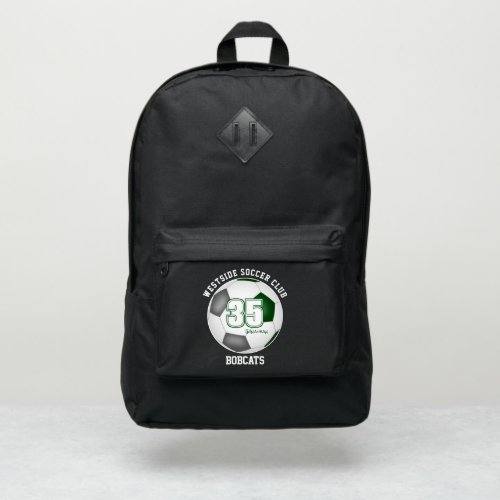 green gray soccer ball with player team name port authority backpack