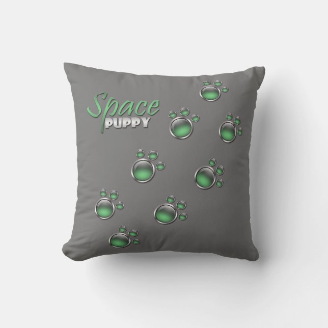 Green & Gray "Space Puppy" Paw Prints Pillow (Front)