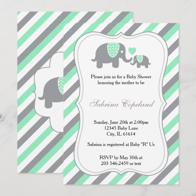 Green & Gray Stripes Baby Elephant | Baby Shower Invitation (Front/Back)
