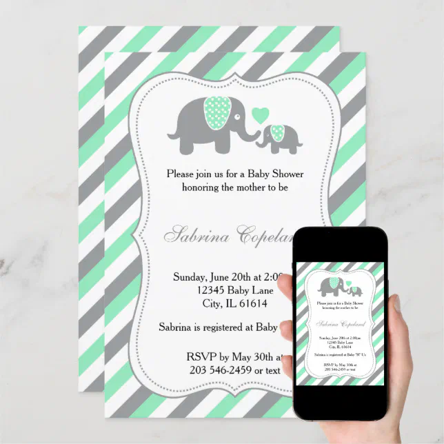 Green & Gray Stripes Baby Elephant | Baby Shower Invitation | Zazzle