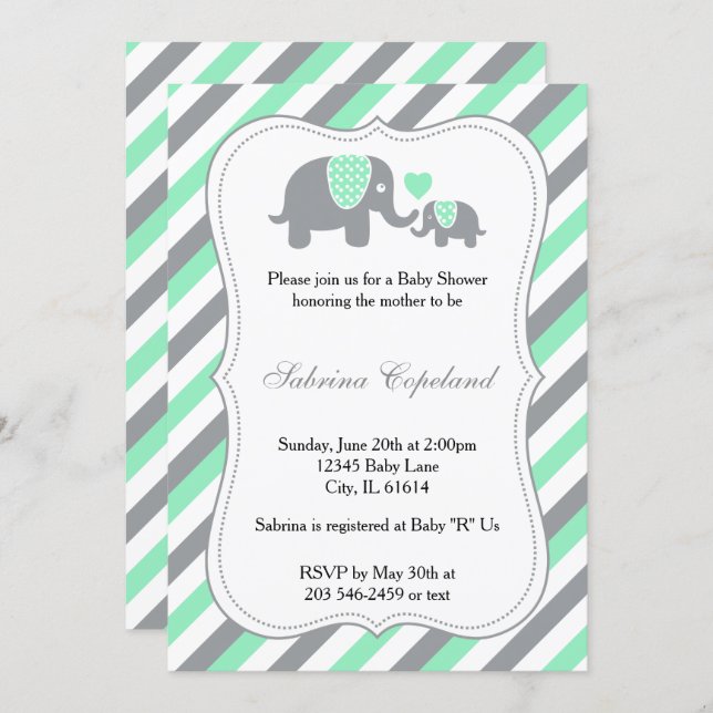 Green & Gray Stripes Baby Elephant | Baby Shower Invitation (Front/Back)