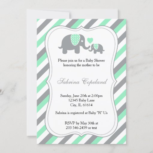 Green & Gray Stripes Baby Elephant | Baby Shower Invitation | Zazzle