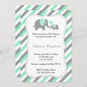 Green & Gray Stripes Baby Elephant Baby Shower Invitation