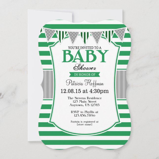 Green Gray Stripes Baby Shower Invitation (Front)