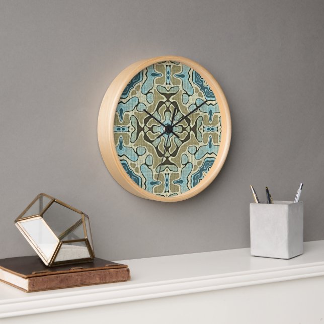 Green Gray Teal Blue Ochre Hip Bohemian Bali Art Clock (Office)