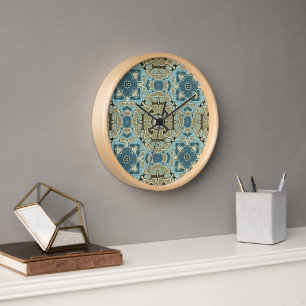 Green Gray Teal Blue Ochre Hip Bohemian Bali Art Clock