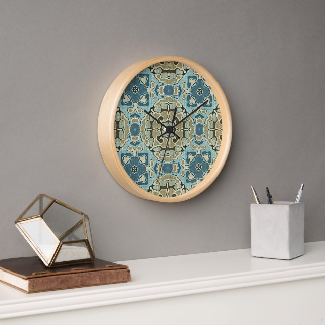 Green Gray Teal Blue Ochre Hip Bohemian Bali Art Clock (Office)