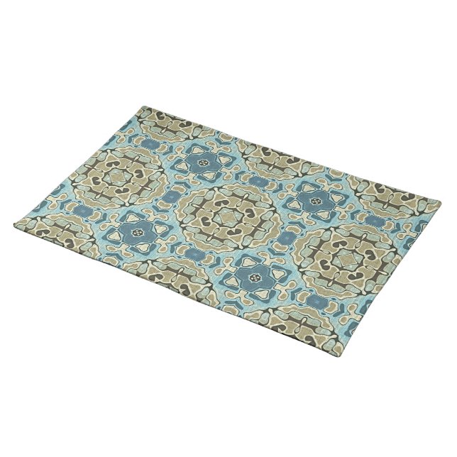 Green Gray Teal Blue Ochre Hip Bohemian Bali Art Cloth Placemat (On Table)