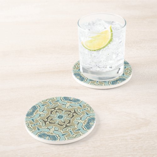 Green Gray Teal Blue Ochre Hip Bohemian Bali Art Coaster