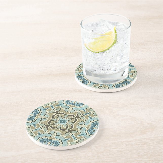 Green Gray Teal Blue Ochre Hip Bohemian Bali Art Coaster (Side)