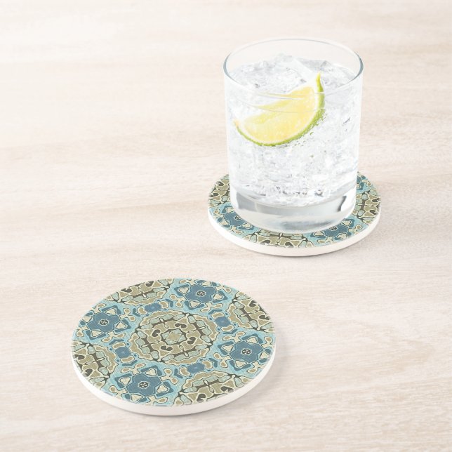 Green Gray Teal Blue Ochre Hip Bohemian Bali Art Coaster (Side)
