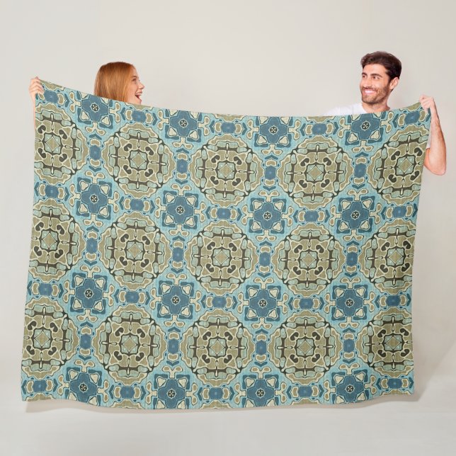 Green Gray Teal Blue Ochre Hip Bohemian Bali Art Fleece Blanket (In Situ)