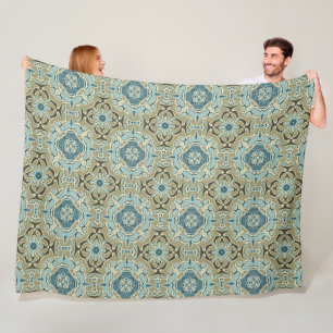 Green Gray Teal Blue Ochre Hip Bohemian Bali Art Fleece Blanket