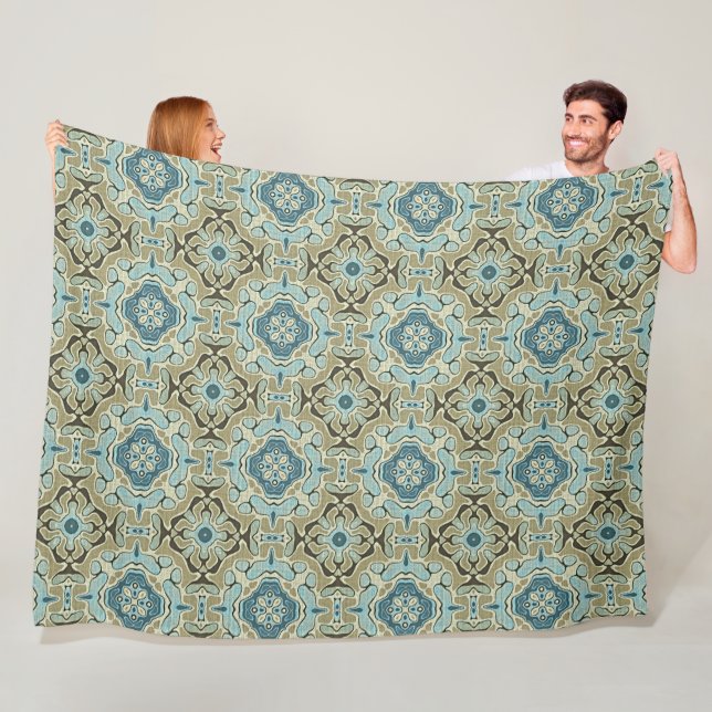 Green Gray Teal Blue Ochre Hip Bohemian Bali Art Fleece Blanket (In Situ)