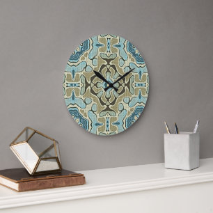 Green Gray Teal Blue Ochre Hip Bohemian Bali Art Large Clock