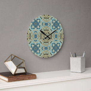 Green Gray Teal Blue Ochre Hip Bohemian Bali Art Large Clock