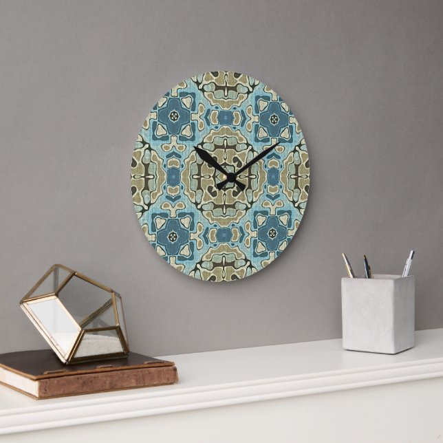 Green Gray Teal Blue Ochre Hip Bohemian Bali Art Large Clock (Office)