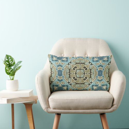 Green Gray Teal Blue Ochre Hip Bohemian Bali Art Lumbar Pillow