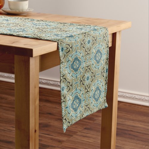 Green Gray Teal Blue Ochre Hip Bohemian Bali Art Medium Table Runner