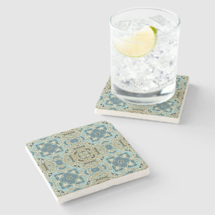 Green Gray Teal Blue Ochre Hip Bohemian Bali Art Stone Coaster