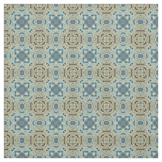 Green Gray Teal Blue Ochre Hip Orient Bali Art Fabric (Swatch)