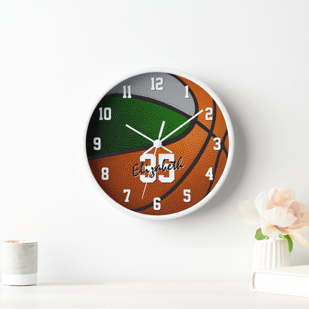 green gray team colors basketball personalized round clock