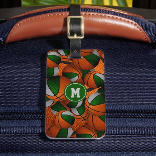 Green gray team colors basketballs monogrammed  luggage tag