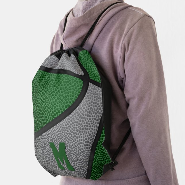 green gray team colors boys girls basketball drawstring bag (Insitu)