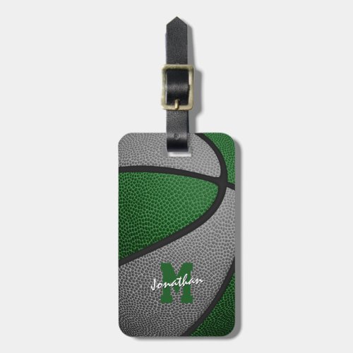 green gray team colors monogrammed basketball luggage tag