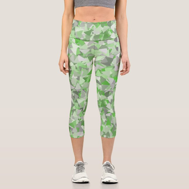 Green Gray Triangle Pattern Capri Leggings (Front)