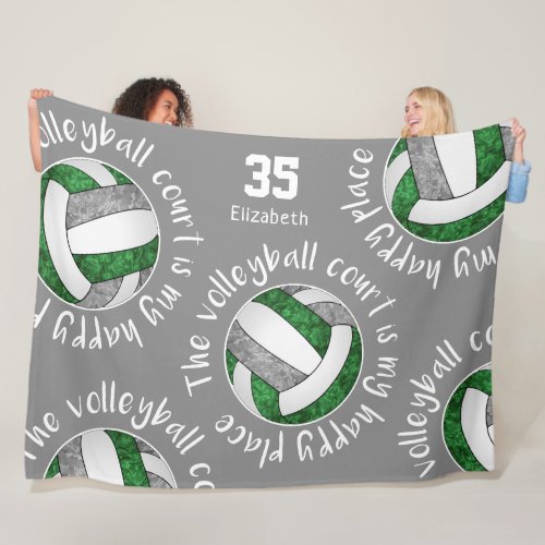 Green gray volleyball court happy place typography fleece blanket