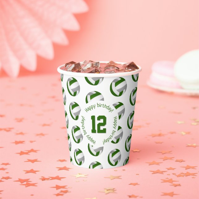 Green gray volleyballs birthday party paper cups (Insitu)