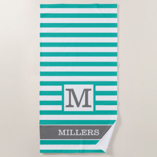 Green Gray White Striped Family Name Monogrammed  Beach Towel