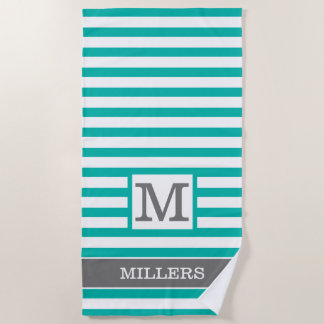 Green Gray White Striped Family Name Monogrammed  Beach Towel