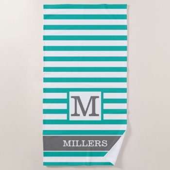 Green Gray White Striped Family Name Monogrammed  Beach Towel by InitialsMonogram at Zazzle