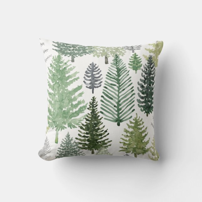 Green Gray Winter Pine Trees Holiday Throw Pillow (Front)